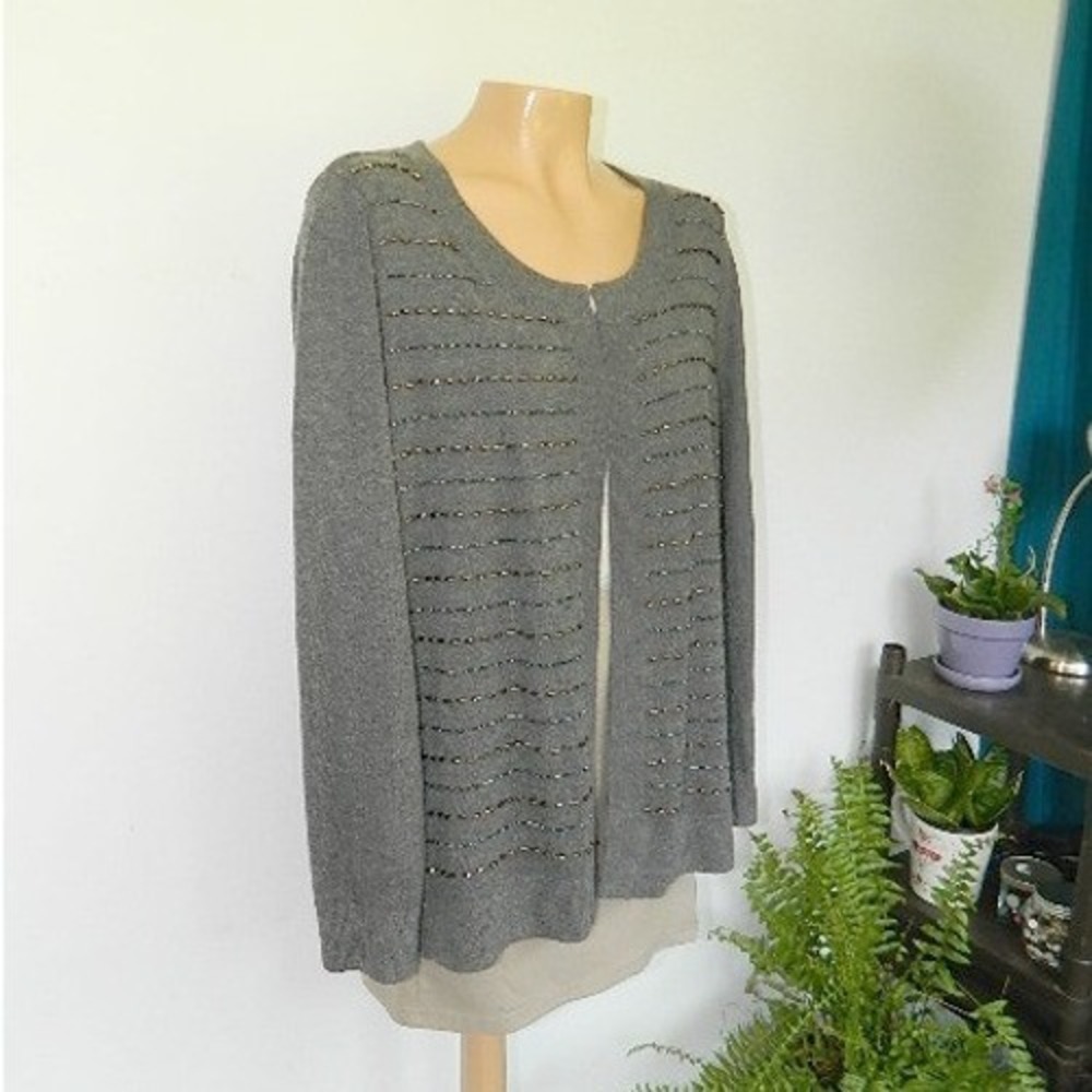 Talbots Beaded Open Front Cardigan Women 1X Grey Lambswool Blend Shimmer Sweater